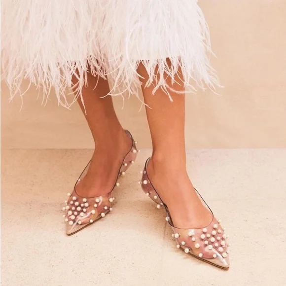 Cult Gaia Roxy Pearl Adorned Pointed Toe Clear Kitten Heels Size 39.5/9.5 - Picture 1 of 7
